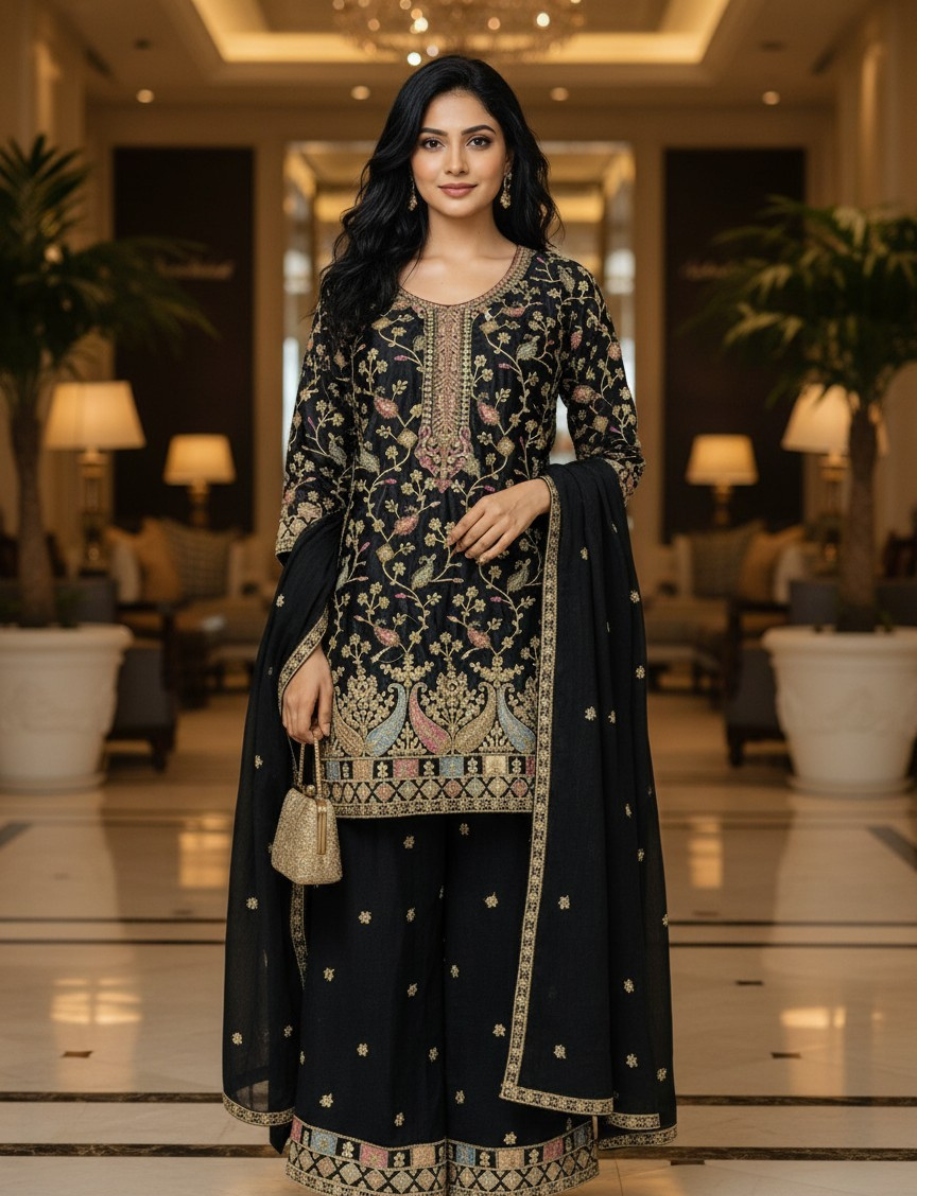 Luxury Embroidered Chinon Palazzo Suit Set for Women Wedding & Festive Wear