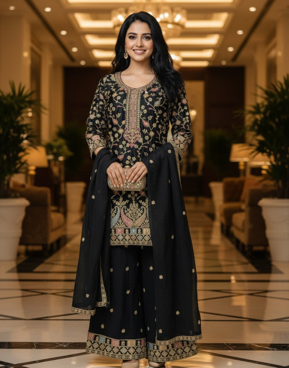 Luxury Embroidered Chinon Palazzo Suit Set for Women Wedding & Festive Wear