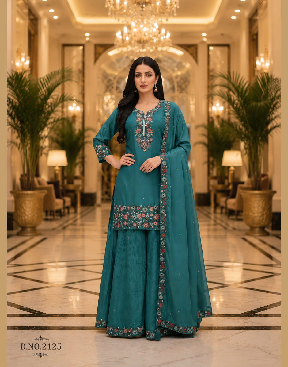 Royale Embroidered Festive Kurta Palazzo Set with Dupatta for Women
