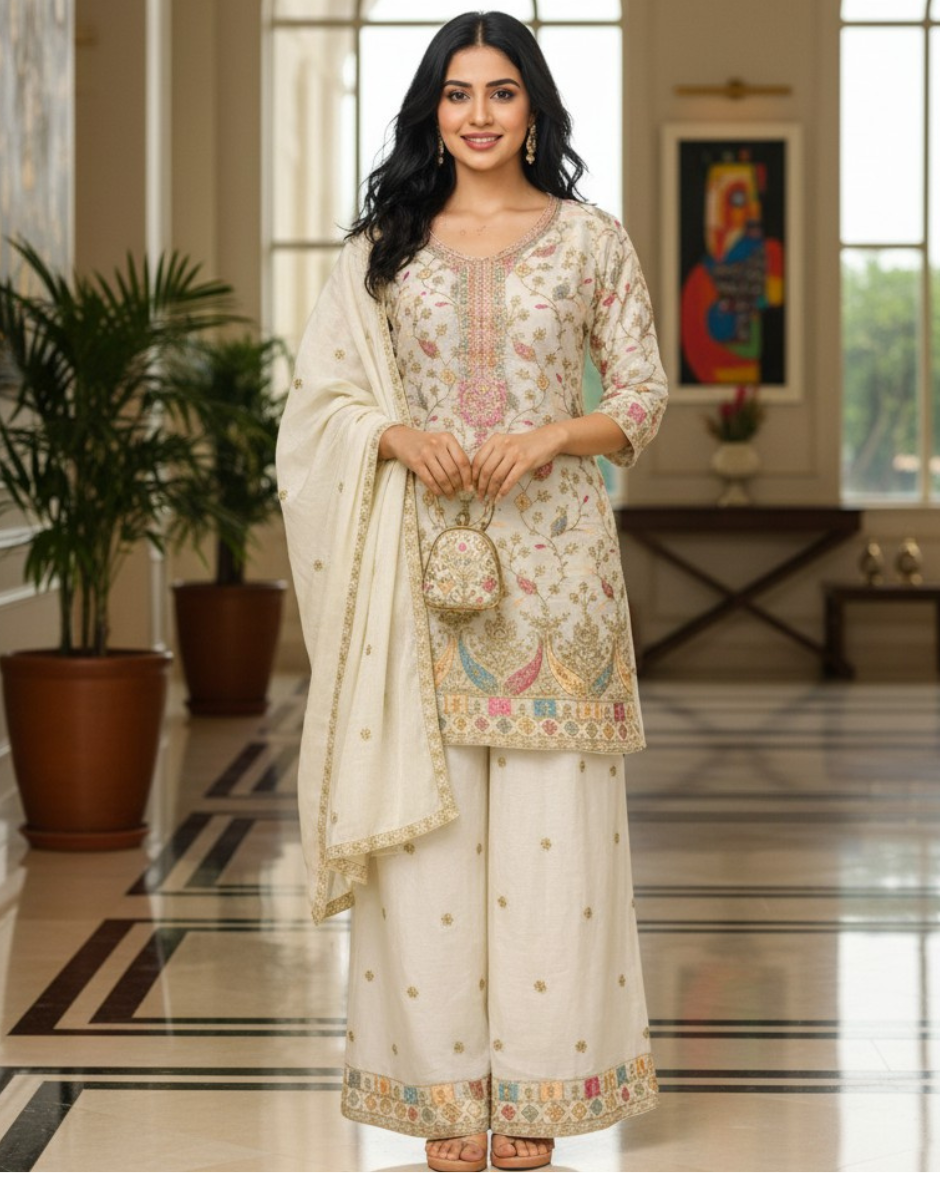 Luxury Embroidered Chinon Palazzo Suit Set for Women Wedding & Festive Wear
