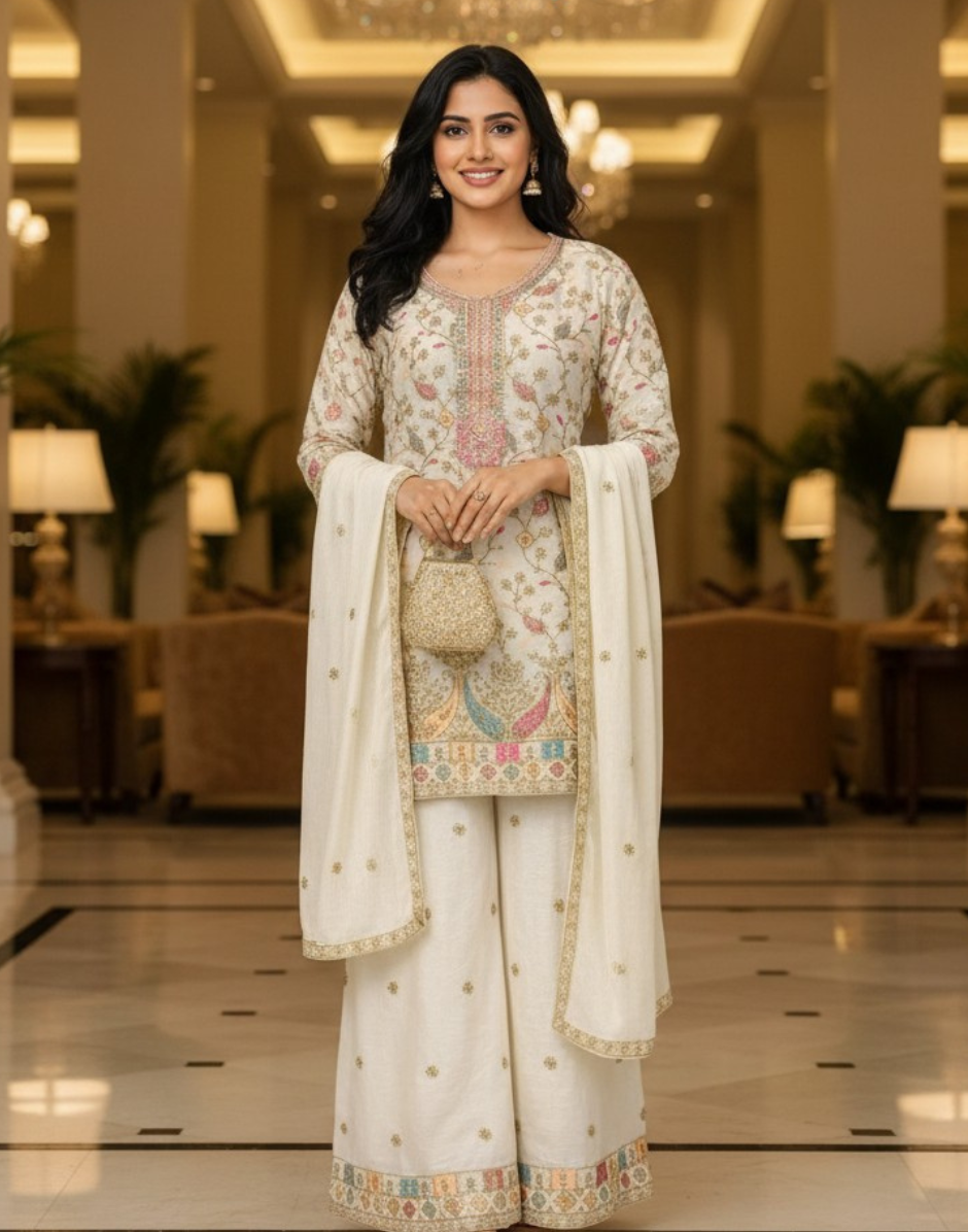 Luxury Embroidered Chinon Palazzo Suit Set for Women Wedding & Festive Wear