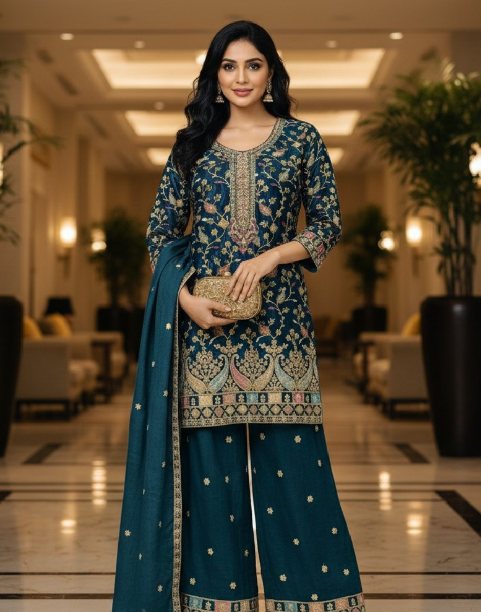 Luxury Embroidered Chinon Palazzo Suit Set for Women Wedding & Festive Wear