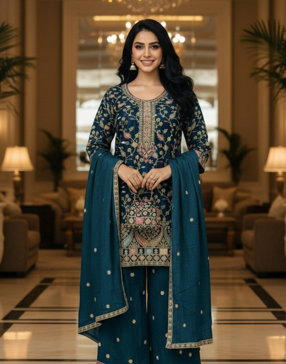 Luxury Embroidered Chinon Palazzo Suit Set for Women Wedding & Festive Wear