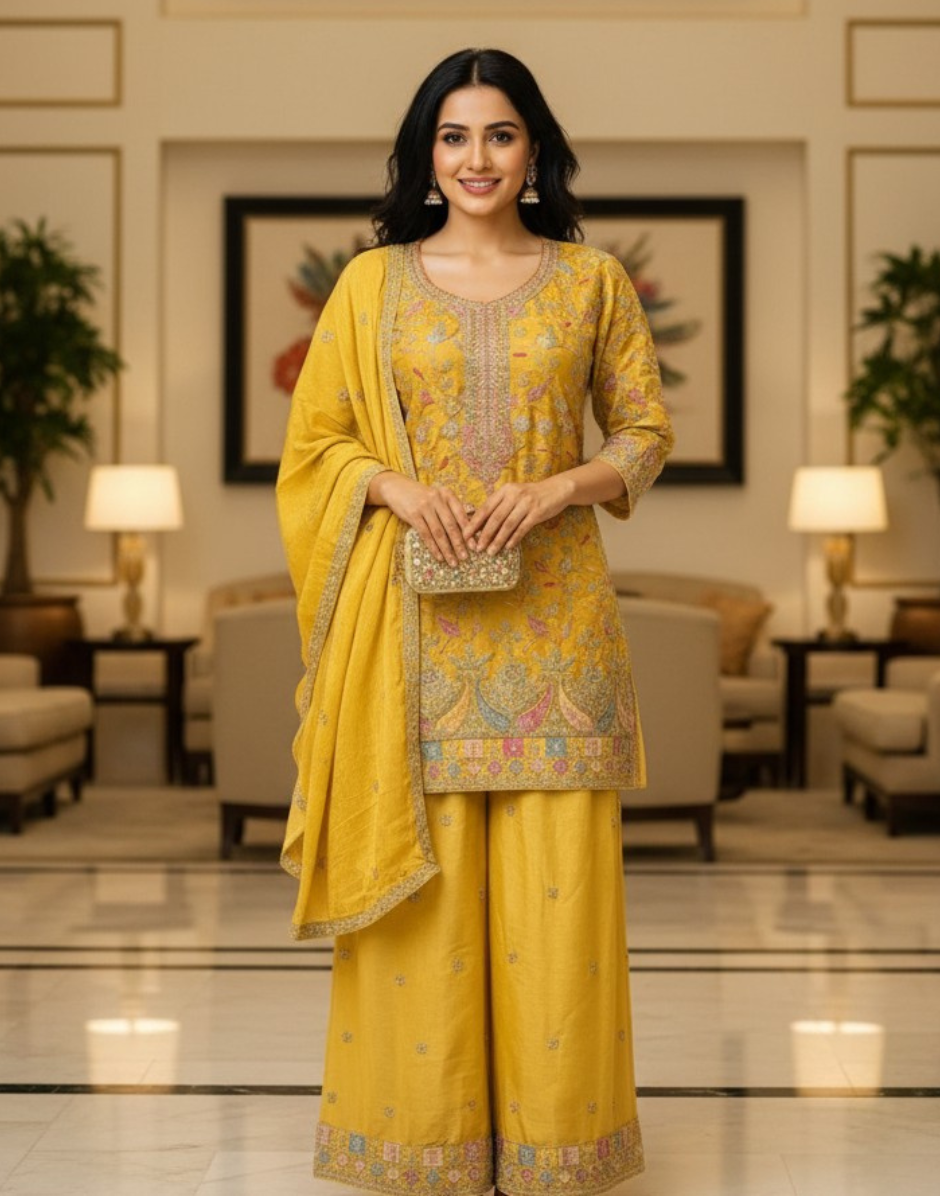 Luxury Embroidered Chinon Palazzo Suit Set for Women Wedding & Festive Wear