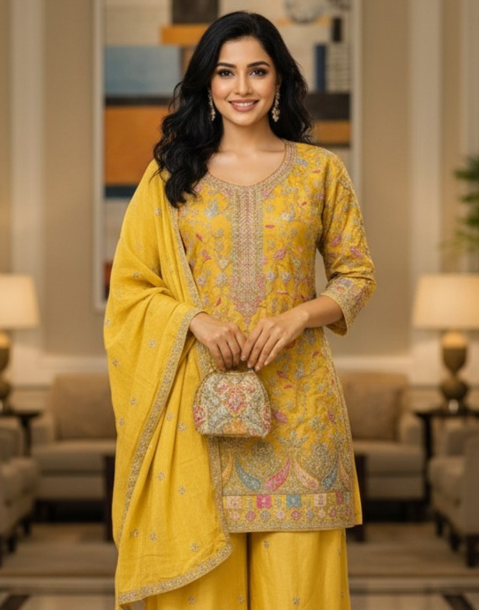 Luxury Embroidered Chinon Palazzo Suit Set for Women Wedding & Festive Wear